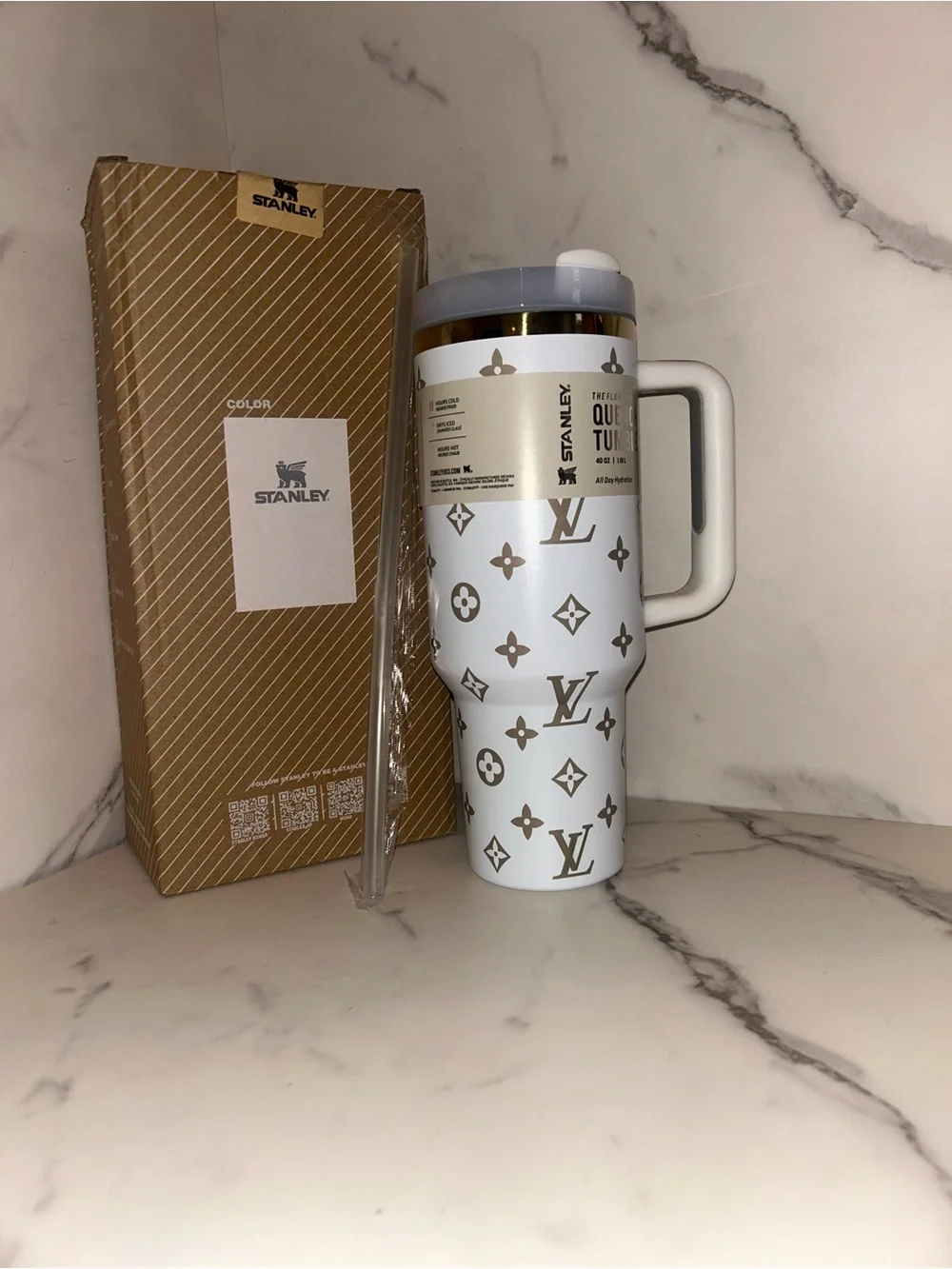Stanley White and Gold Monogram Travel Tumbler with Handle - Picture 2 of 3